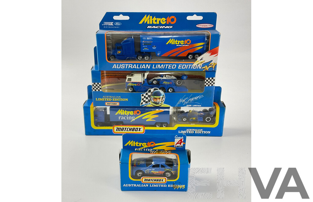 Collection of Matchbox Mitre Ten Limited Edition Race Cars and Transporter Trucks Including Mark Larkham Group ‘A’