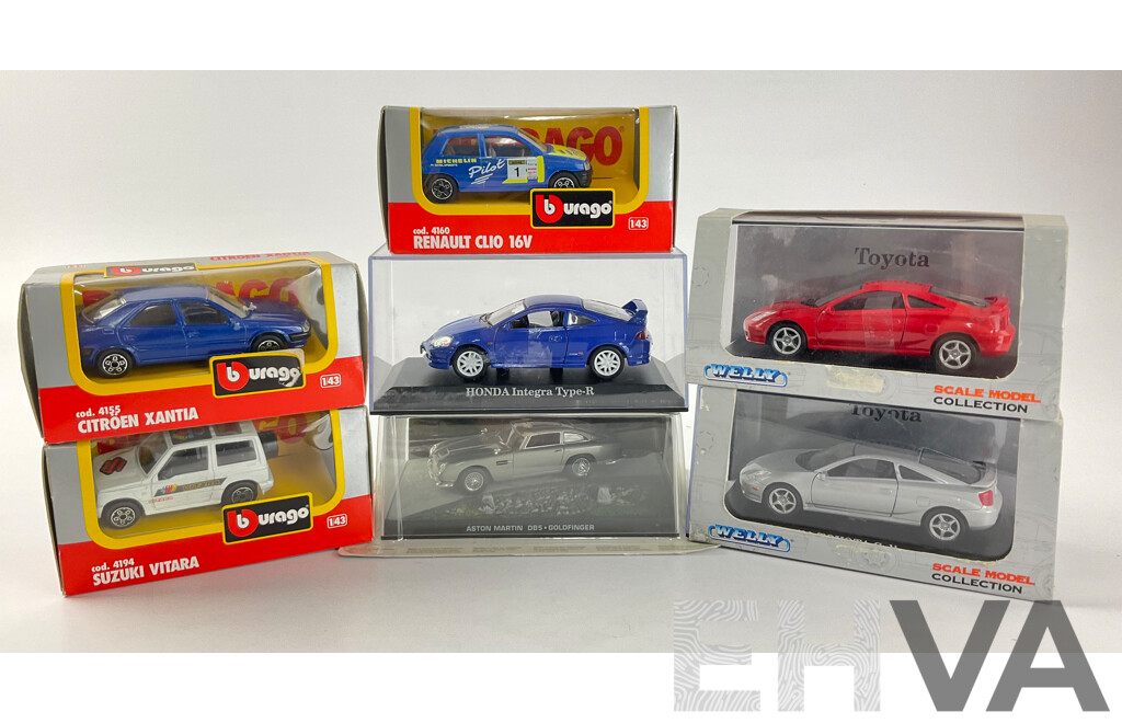Burago and Welly Iconic Diecast Cars Including Suzuki Vitara, Honda Integra, Renault Clio, Toyota Celica, Citroen Xantia and 007 Gold Finger Aston Martin DB5