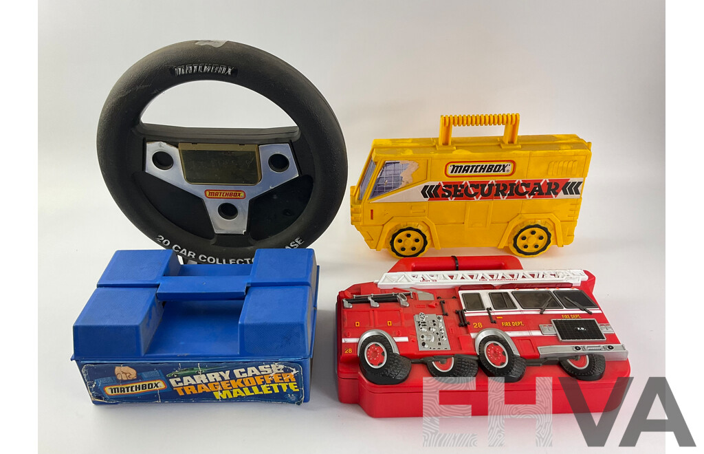 Vintage Matchbox Carry Cases Including Twenty Car Collector's Steering Wheel Case, Early 1980's Carry Case, Seuricar and Fire Truck Case