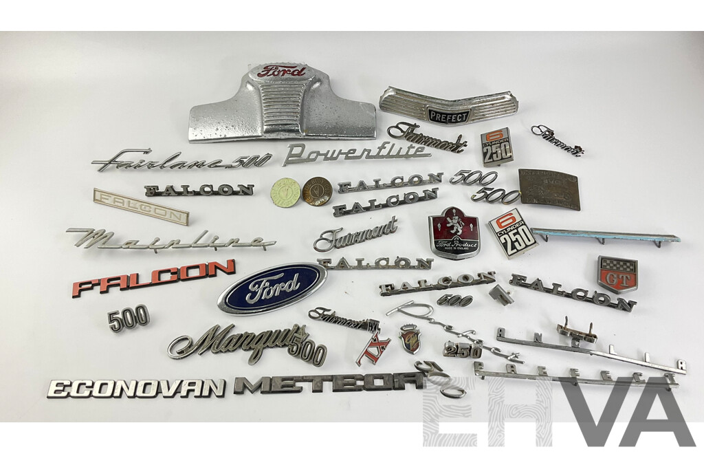 Collection of Ford Badges Including Prefect, Cortina, Fairlane XA, XD and More