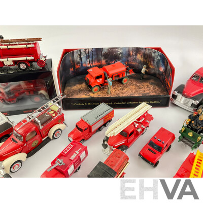 Collection of Diecast and Plastic Fire Fighting Vehicles Including Matchbox Models of Yesteryear and Trux Tribute to Australian Fire Fighters