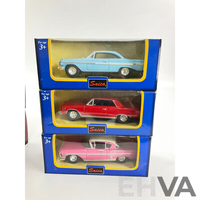Six Boxed Diecast Classic American Cars, Saico and Road Signiture Including 1961 Chevy Impala, 1949 Cadilac Coupe Deville, 1965 and 1958 Impala, 1966 Thunderbird, 1957 Nomad, 1:43 and 1:45 Scale
