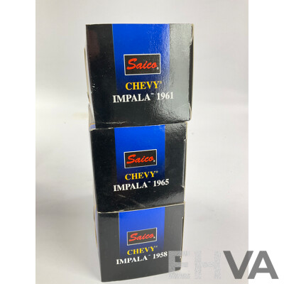 Six Boxed Diecast Classic American Cars, Saico and Road Signiture Including 1961 Chevy Impala, 1949 Cadilac Coupe Deville, 1965 and 1958 Impala, 1966 Thunderbird, 1957 Nomad, 1:43 and 1:45 Scale