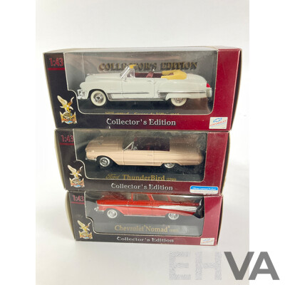 Six Boxed Diecast Classic American Cars, Saico and Road Signiture Including 1961 Chevy Impala, 1949 Cadilac Coupe Deville, 1965 and 1958 Impala, 1966 Thunderbird, 1957 Nomad, 1:43 and 1:45 Scale