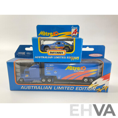 Collection of Matchbox Mitre Ten Limited Edition Race Cars and Transporter Trucks Including Mark Larkham Group ‘A’