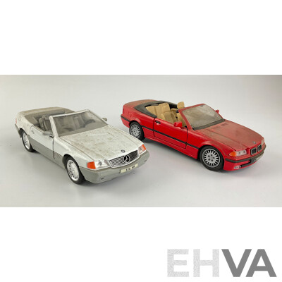 Diecast 1989 Mercedes Benz 500 SL and BMW 328I with Functional Steering