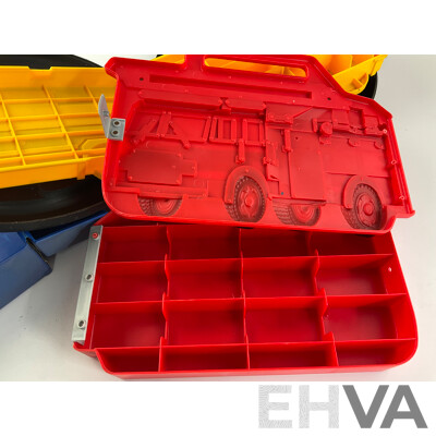 Vintage Matchbox Carry Cases Including Twenty Car Collector's Steering Wheel Case, Early 1980's Carry Case, Seuricar and Fire Truck Case