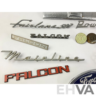 Collection of Ford Badges Including Prefect, Cortina, Fairlane XA, XD and More