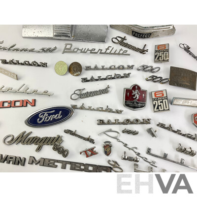 Collection of Ford Badges Including Prefect, Cortina, Fairlane XA, XD and More