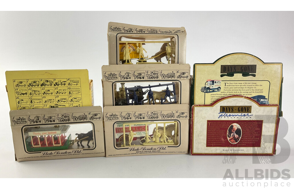 Seven Boxed Lledo Days Gone Models Including 1907 Rolls Royce, 1933 Austin Taxi, Turnbull and Co, Windmill Bakery, G.W.R Fire Brigade Carts, Manly Tram