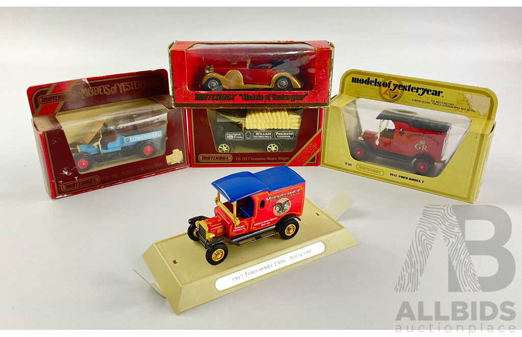 Five Matchbox Models of Yesteryear Including 1938 Lagonda Drophead Coupe, 1918 Crossley Beer Lorry, 1917 Yorkshire Steam Wagon and Model T Vans