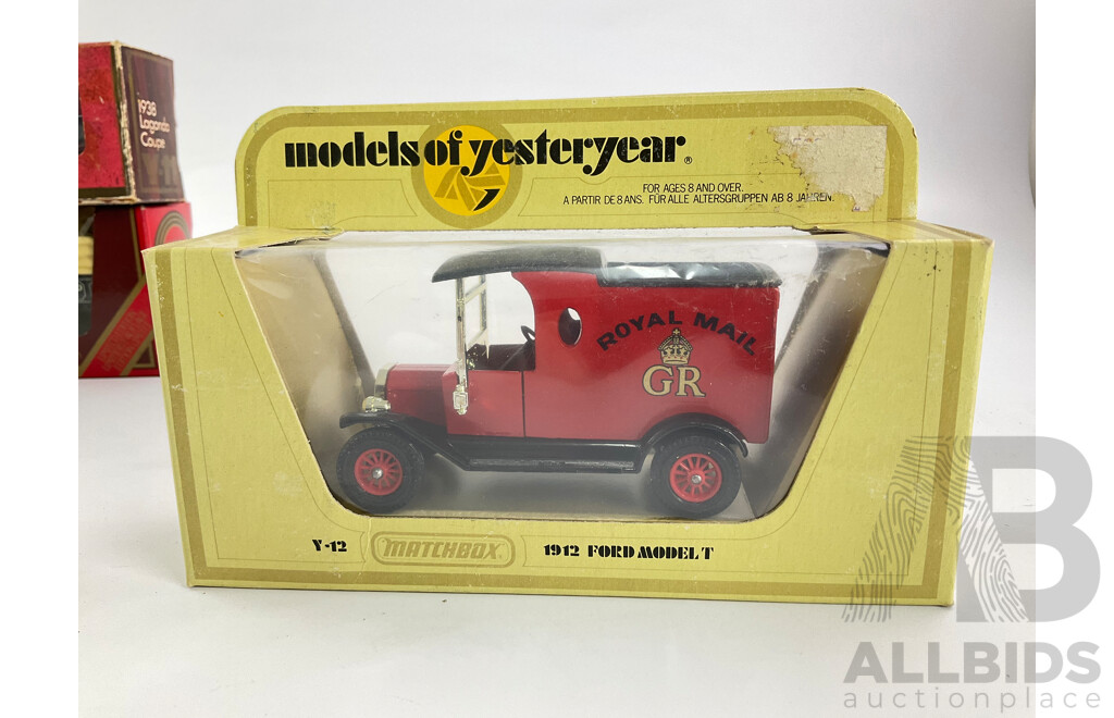 Five Matchbox Models of Yesteryear Including 1938 Lagonda Drophead Coupe, 1918 Crossley Beer Lorry, 1917 Yorkshire Steam Wagon and Model T Vans