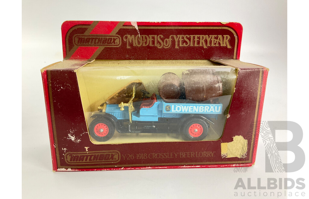 Five Matchbox Models of Yesteryear Including 1938 Lagonda Drophead Coupe, 1918 Crossley Beer Lorry, 1917 Yorkshire Steam Wagon and Model T Vans