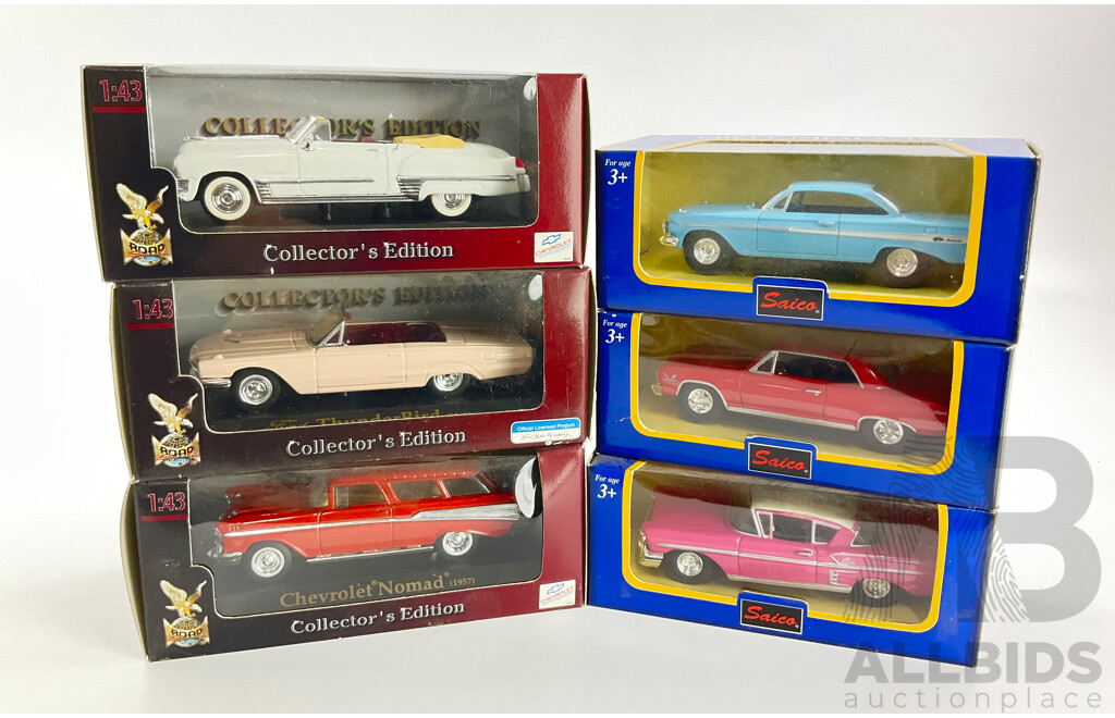 Six Boxed Diecast Classic American Cars, Saico and Road Signiture Including 1961 Chevy Impala, 1949 Cadilac Coupe Deville, 1965 and 1958 Impala, 1966 Thunderbird, 1957 Nomad, 1:43 and 1:45 Scale