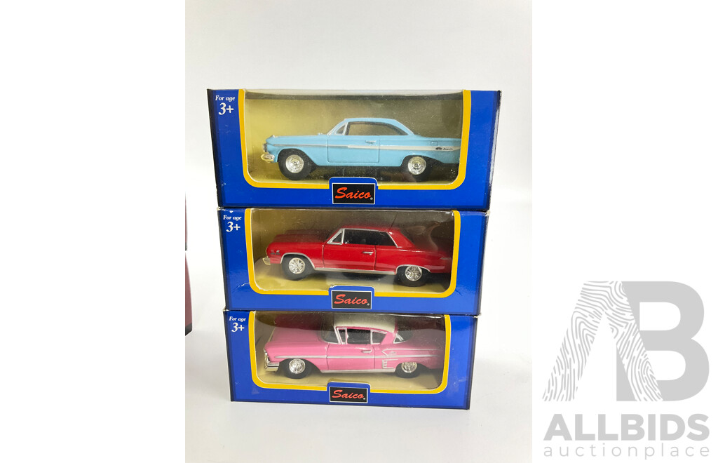 Six Boxed Diecast Classic American Cars, Saico and Road Signiture Including 1961 Chevy Impala, 1949 Cadilac Coupe Deville, 1965 and 1958 Impala, 1966 Thunderbird, 1957 Nomad, 1:43 and 1:45 Scale