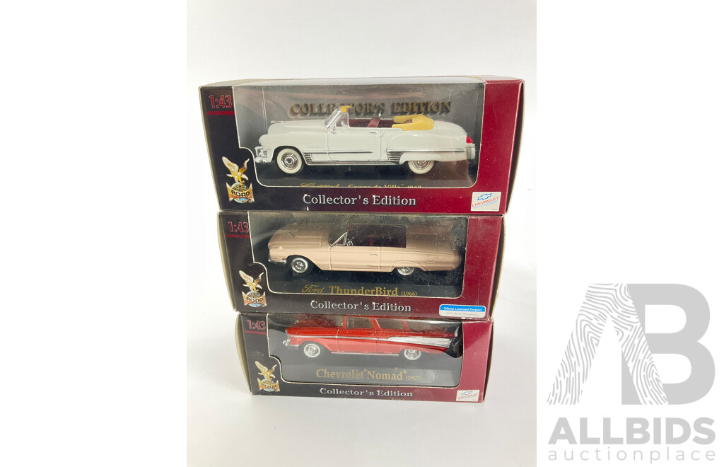 Six Boxed Diecast Classic American Cars, Saico and Road Signiture Including 1961 Chevy Impala, 1949 Cadilac Coupe Deville, 1965 and 1958 Impala, 1966 Thunderbird, 1957 Nomad, 1:43 and 1:45 Scale