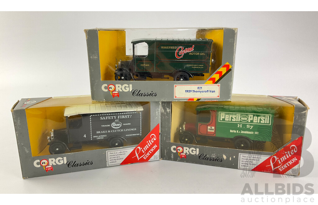 Three Boxed Corgi Classics Including Thornycroft Vans, Castrol, Don Brake and Clutch and Persil