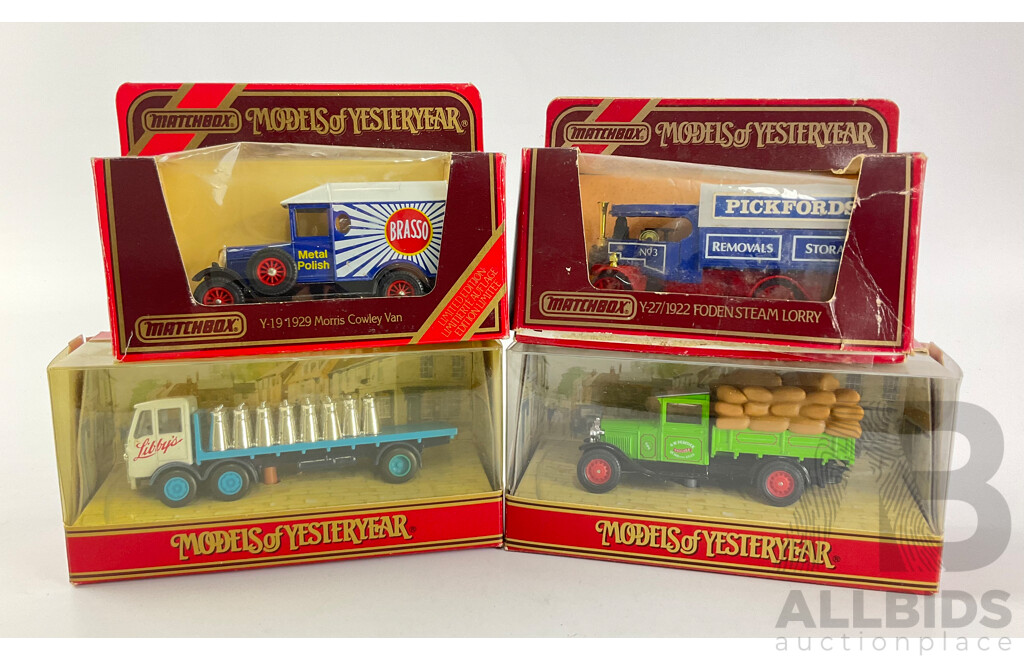Four Boxed Matchbox Models of Yesteryear Including Y-42 1939 Albion 10 Ton CX 27, Y-27 Foden Dampflast Wagen, Y-62, Y-62 Model AA Ford 1 1/2 Ton Truck, Y-19 1929 Morris Cowley Lieferwagen