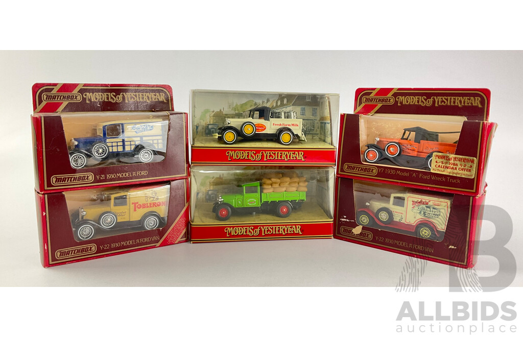 Six Boxed Matchbox Models of Yesteryear Trucks Including Y-22 1930 Model a Ford Vans Toblerone, Palm Toffee, Wreck Truck, Fresh Farm Milk, Barters Tested Seed, Y-62 1932 Ford Model AA 1 1/2  Ton Truck