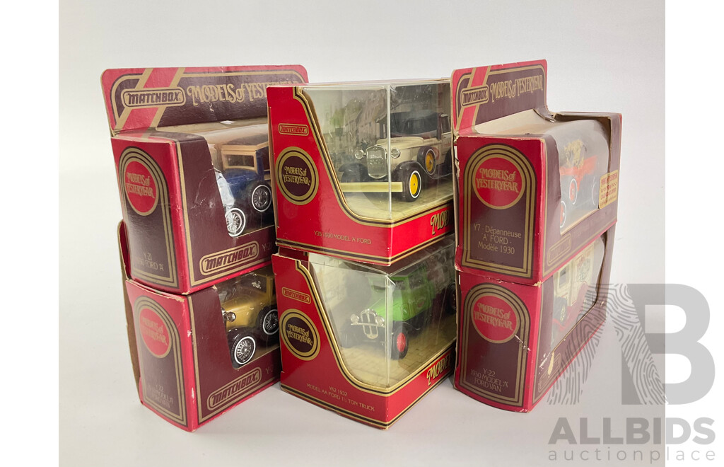 Six Boxed Matchbox Models of Yesteryear Trucks Including Y-22 1930 Model a Ford Vans Toblerone, Palm Toffee, Wreck Truck, Fresh Farm Milk, Barters Tested Seed, Y-62 1932 Ford Model AA 1 1/2  Ton Truck