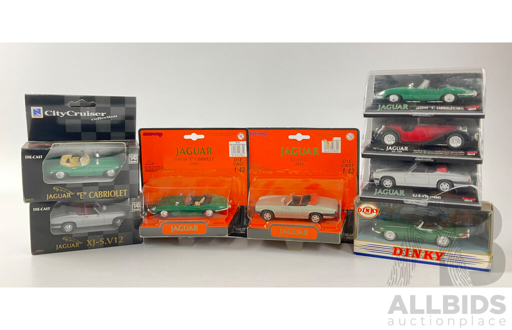 Collection of Diecast Newray and Dinky 1:43 Scale Jaguars Including E Type, XJS V12, SS 100