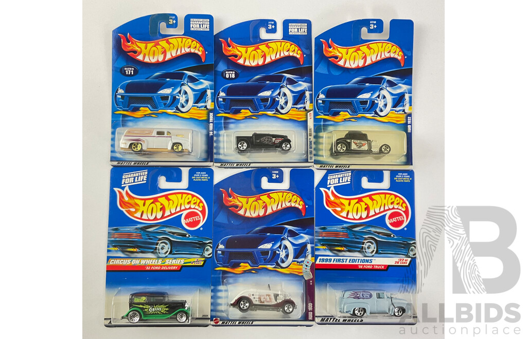 Six Boxed Hot Wheels Hot Rods Including 1932 Ford, 1956 Ford, 1933 Ford, Hooligan