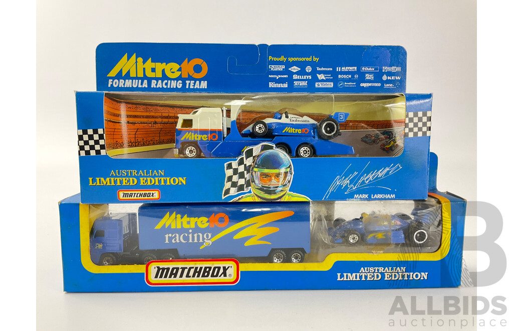 Collection of Matchbox Mitre Ten Limited Edition Race Cars and Transporter Trucks Including Mark Larkham Group ‘A’