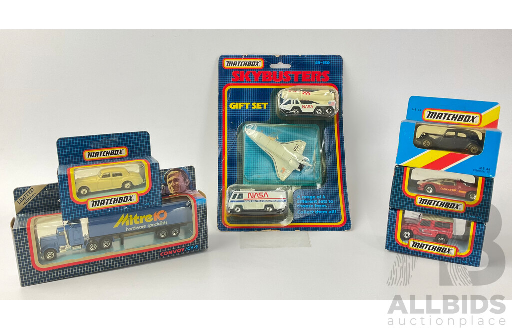 Collection of Boxed 1980's Matchbox Cars, Truck and Skybusters Gift Set