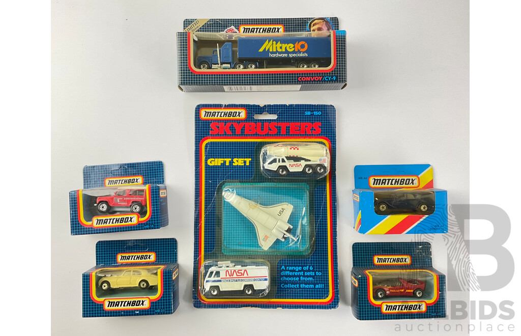 Collection of Boxed 1980's Matchbox Cars, Truck and Skybusters Gift Set