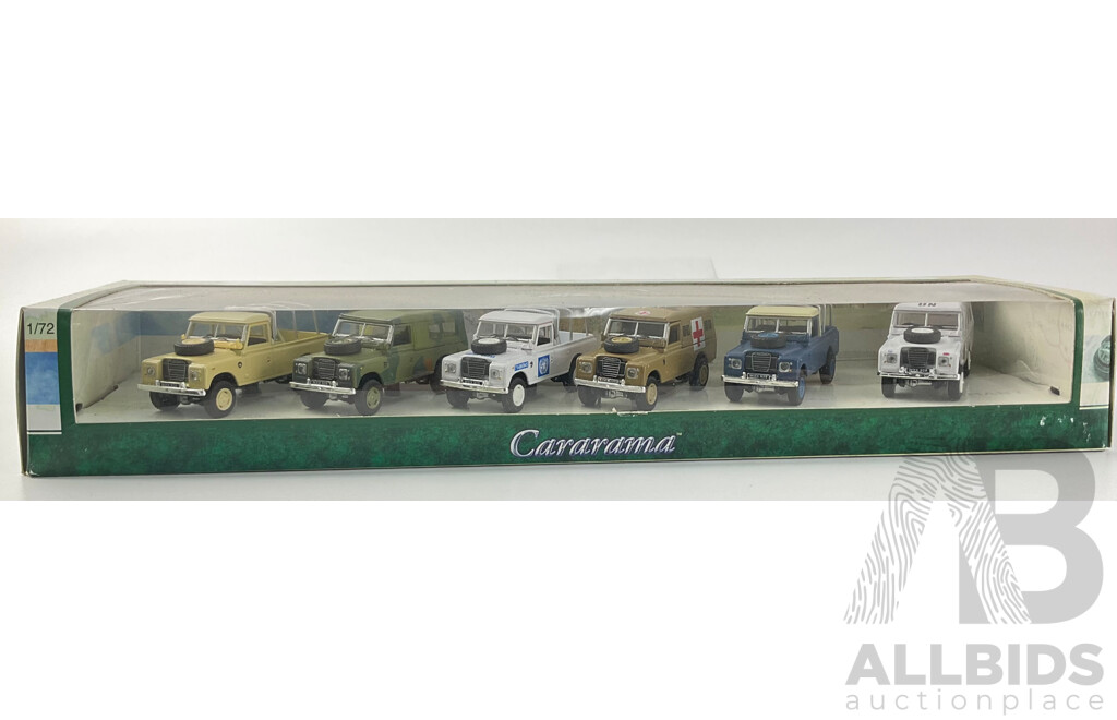 Diecast Cararama 1:72 Scale Land Rover Series III Utilities with Transport Truck and Trailer