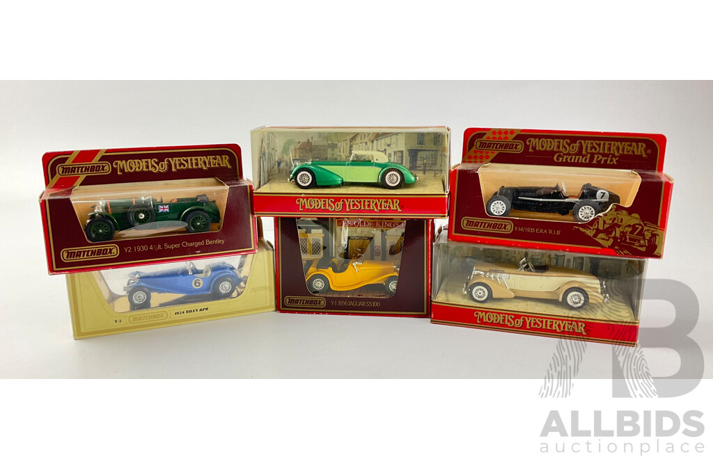 Six Boxed Matchbox Models of Yesteryear Classic Sports Cars Including Auburn Speedster, Jaguar SS-100, 1934 Riley MPH, 1930 4.5 Liter Super Charged Bentley