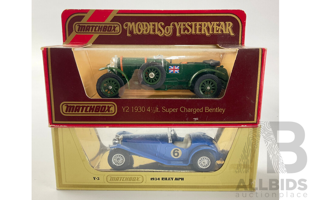 Six Boxed Matchbox Models of Yesteryear Classic Sports Cars Including Auburn Speedster, Jaguar SS-100, 1934 Riley MPH, 1930 4.5 Liter Super Charged Bentley