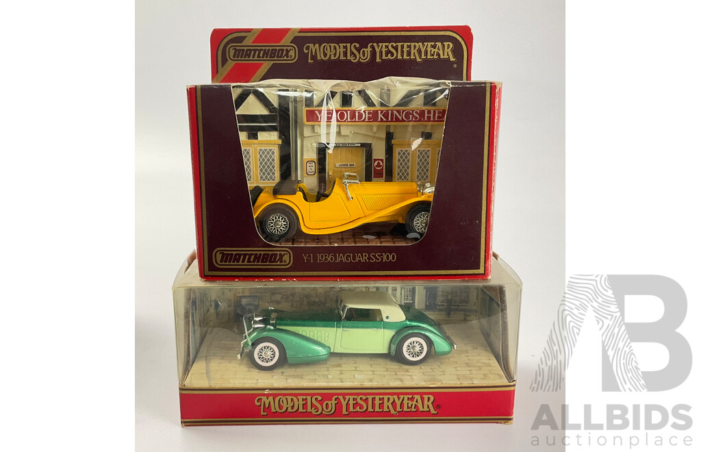 Six Boxed Matchbox Models of Yesteryear Classic Sports Cars Including Auburn Speedster, Jaguar SS-100, 1934 Riley MPH, 1930 4.5 Liter Super Charged Bentley