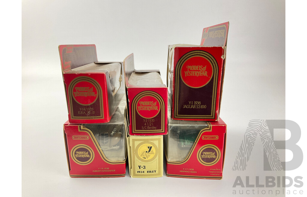 Six Boxed Matchbox Models of Yesteryear Classic Sports Cars Including Auburn Speedster, Jaguar SS-100, 1934 Riley MPH, 1930 4.5 Liter Super Charged Bentley