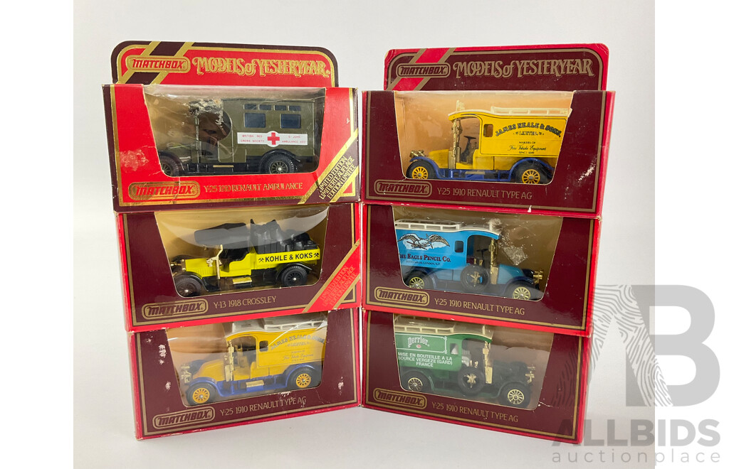 Six Boxed Matchbox Models of Yesteryear Vintage Company Trucks and Ambulance Including Renault and Crossley