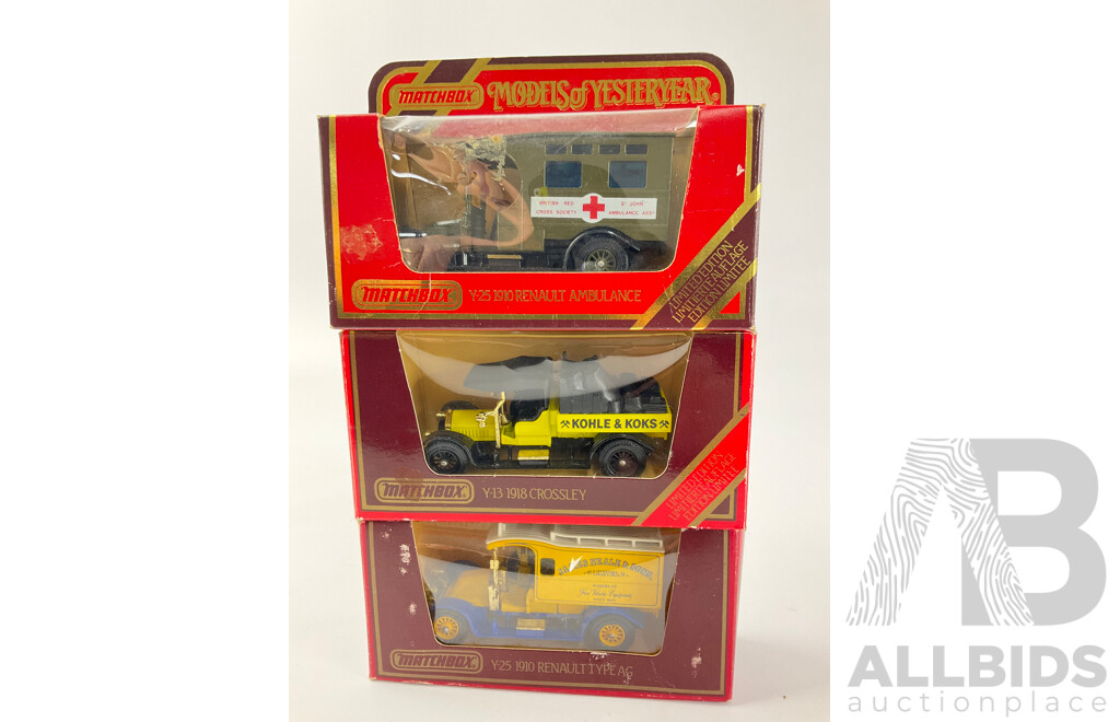 Six Boxed Matchbox Models of Yesteryear Vintage Company Trucks and Ambulance Including Renault and Crossley