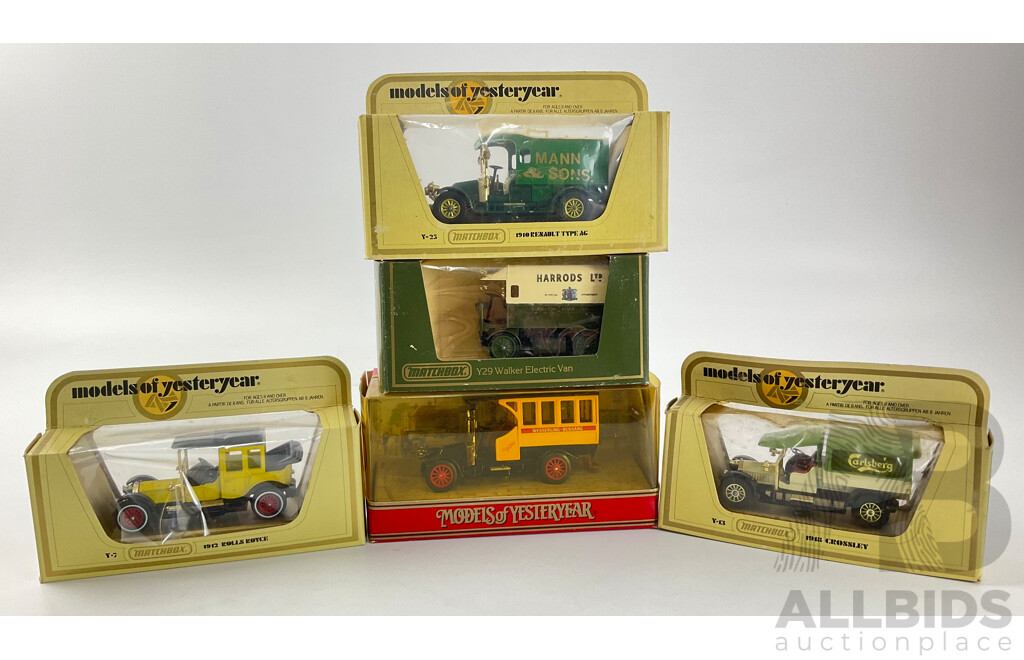 Five Boxed Matchbox Models of Yesteryear Classic Vehicles Including 1910 Renault Bus, 1912 Rolls Royce, Walker Electric Van, 1918 Crossley