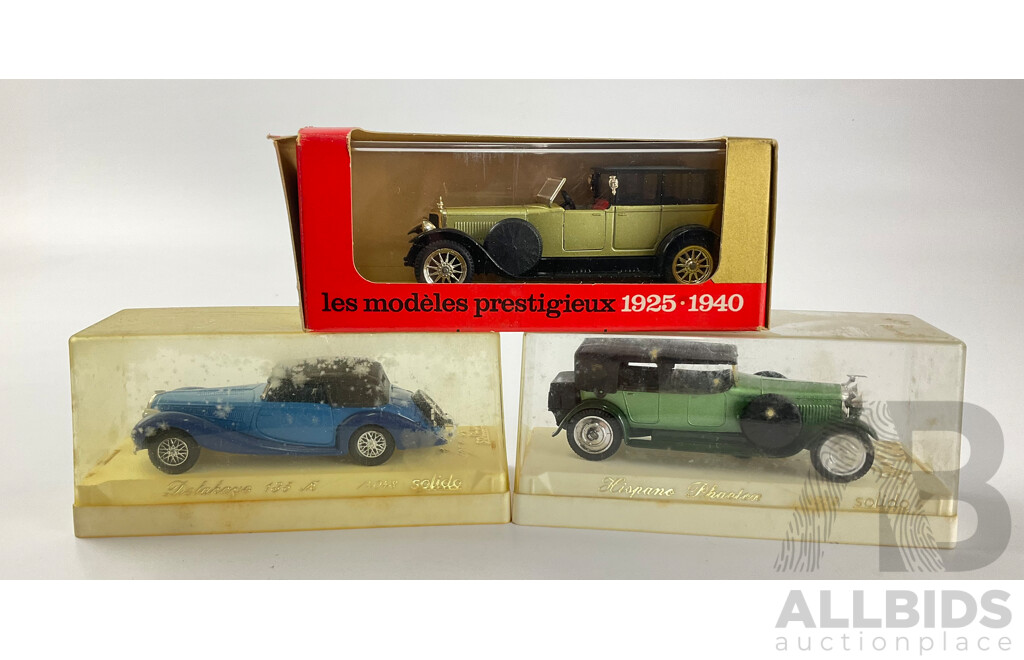 Three Boxed Diecast Solido Classic Cars Including 1925 Panhard, Delahaye 135 and Hispano Phaeton