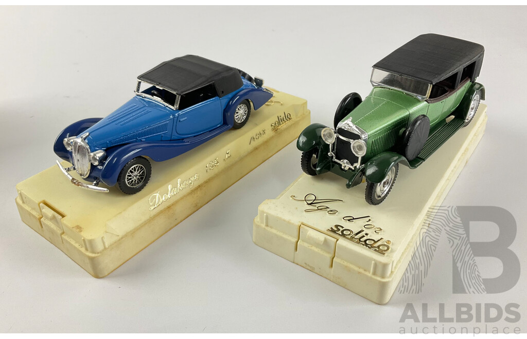 Three Boxed Diecast Solido Classic Cars Including 1925 Panhard, Delahaye 135 and Hispano Phaeton