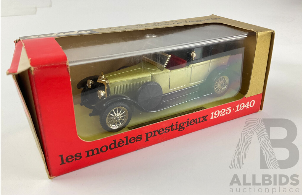 Three Boxed Diecast Solido Classic Cars Including 1925 Panhard, Delahaye 135 and Hispano Phaeton