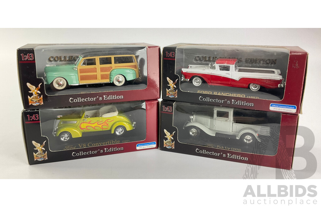 Four Road Signiture Collectors Edition Ford Diecast Models Including 1937 V8, 1948 Woody, 1934 Pick Up, 1957 Rancho, 1:43 Scale