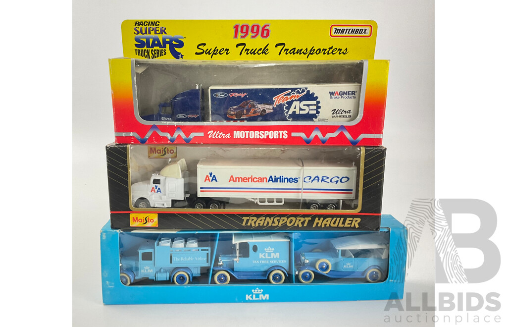 Diecast Matchbox, Maisto and KLM Company and Racing Trucks and Vehicles