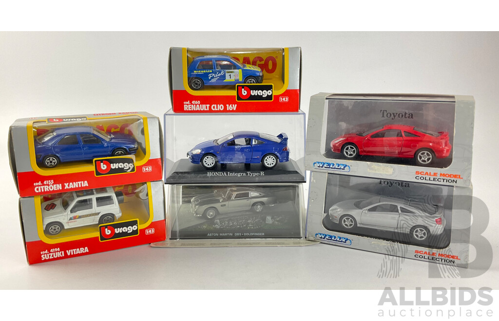 Burago and Welly Iconic Diecast Cars Including Suzuki Vitara, Honda Integra, Renault Clio, Toyota Celica, Citroen Xantia and 007 Gold Finger Aston Martin DB5