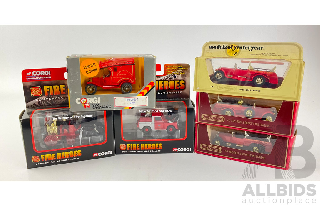 Collection of Corgi and Matchbox Models of Yesteryear Fire Fighting Vehicles Including 1920 Rolls Royce, Ford Model T and Land Rover