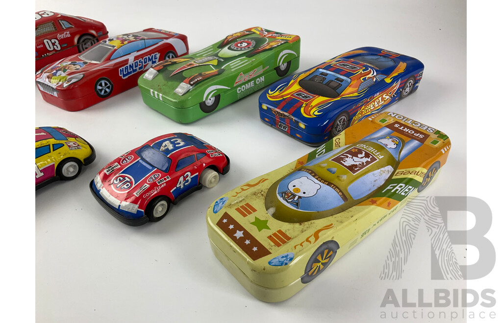 Collection of Pressed Steel Cars and Pencil Boxes/Containers