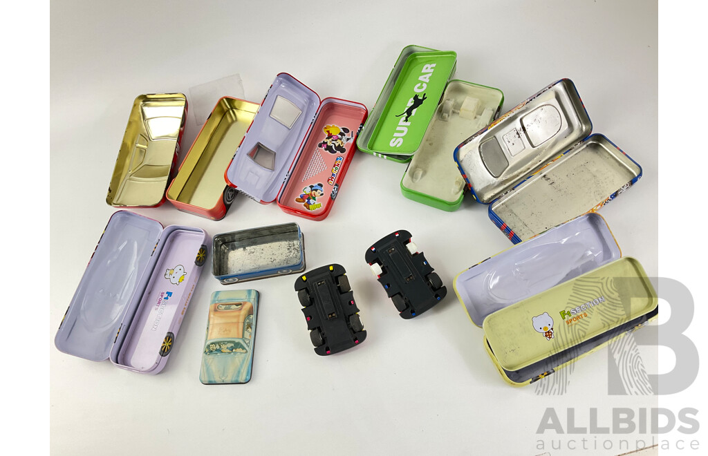 Collection of Pressed Steel Cars and Pencil Boxes/Containers