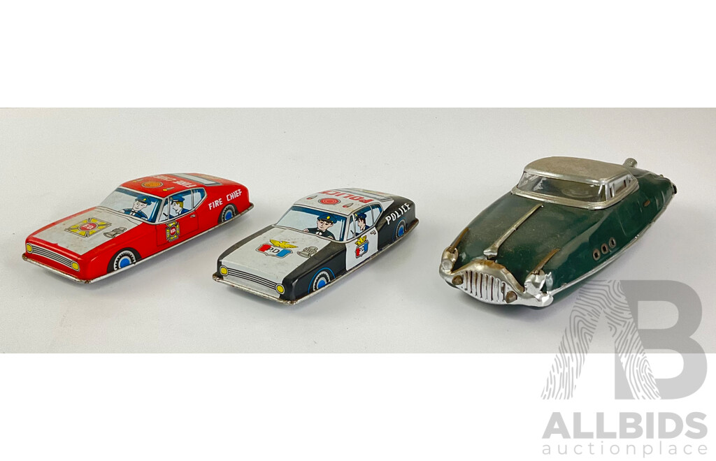 Vintage Pressed Steel Fire Cheif and Police Car, Made in Japan and 1950's Coupe