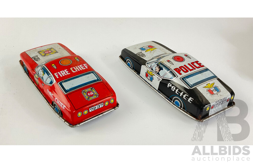 Vintage Pressed Steel Fire Cheif and Police Car, Made in Japan and 1950's Coupe