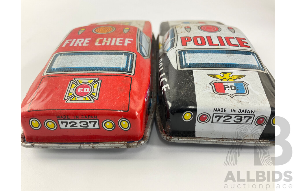 Vintage Pressed Steel Fire Cheif and Police Car, Made in Japan and 1950's Coupe