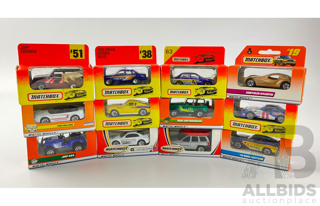 Collection of 1990's Matchbox Vehicles Including 1970 Boss Mustang, Ford Falcon, Jeep 4X4 and More